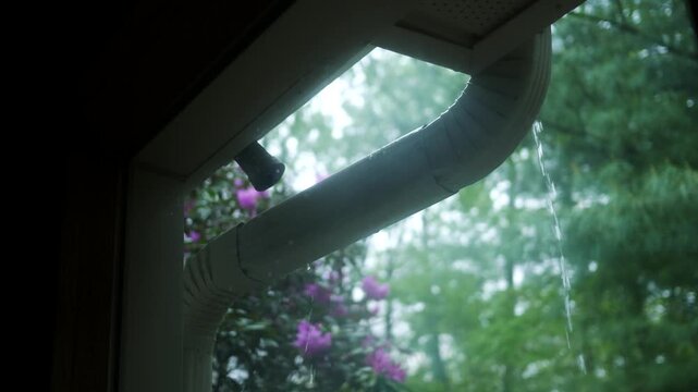  Looking out Window at Leaky Gutter System - Filler Shot - Drainage Flooding Concept