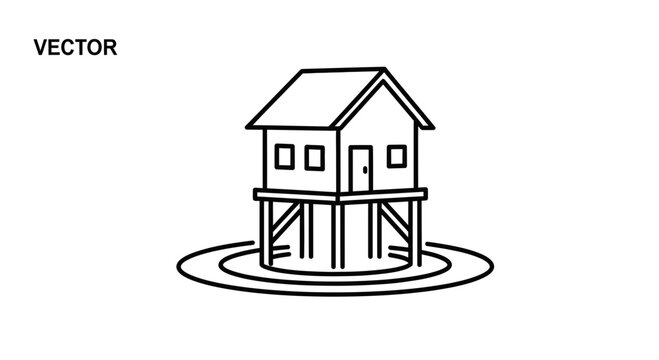 Stilt House Icon Vector Illustration - Simple Line Art of House on Water