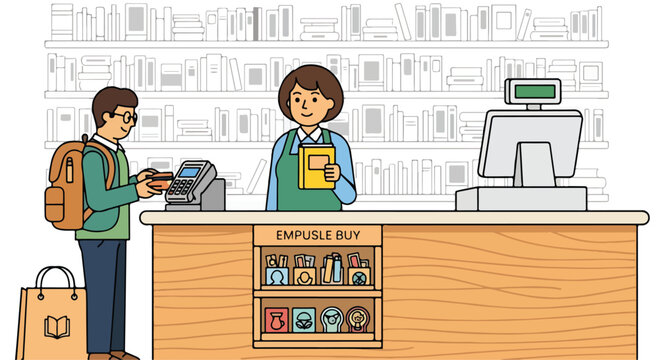 A cartoon illustration of a bookstore checkout scene
