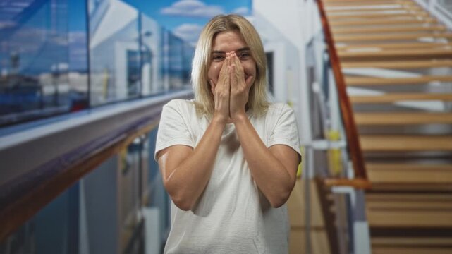 Woman covering face with hands beside stair railing inside building, smiling and laughing in a candid pose; shy amusement.