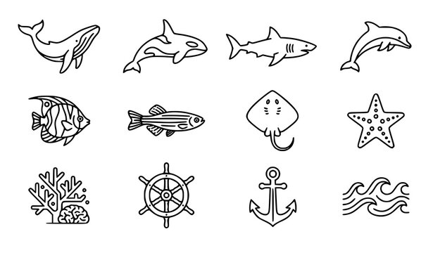 Ocean Sea Life Line Icons Vector Set with Fish Dolphin Whale and Nautical Symbols