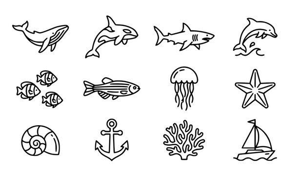 Sea Life Line Icon Set with Whale Shark Dolphin and Nautical Elements Vector