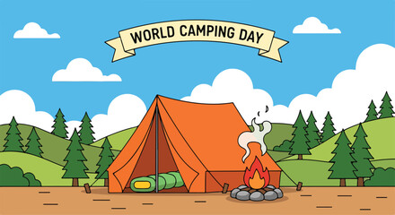 A cartoon illustration of a tent and campfire in a forest © Asmiya