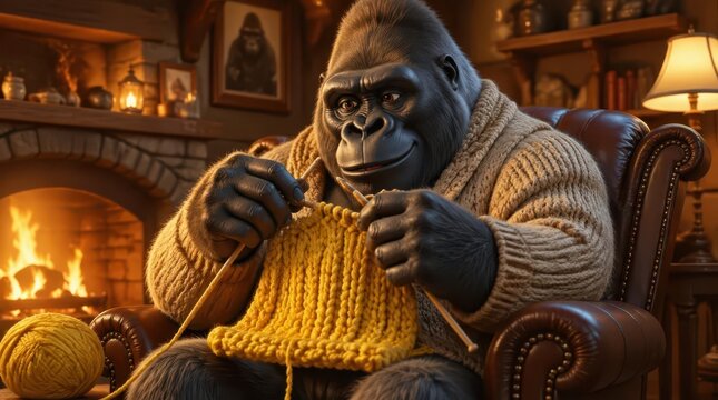 A cinematic widescreen view of a gentle silverback gorilla sitting in a cozy leather armchair while tenderly handling soft yellow yarn, knitting a warm garment by a rustic fireplace, home scene.