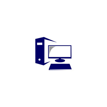 This is a minimalist, vector logo design featuring a desktop computer system setup, presented on a solid white background.