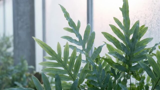 Window side plants and foliage with split fern leaves, soft indoor daylight, pale wall and glass backdrop, clean botanical decor mood, airy green houseplant scene for calm natural interior styling