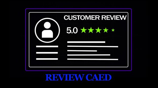 Animated five star customer review rating card with user profile and glowing green stars for digital marketing, e-commerce feedback, business reputation, and positive online testimonials
