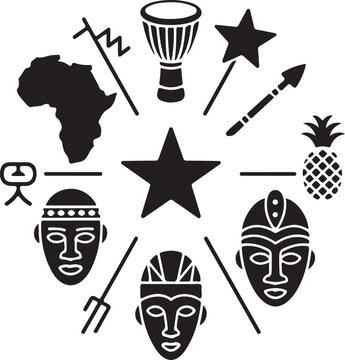 Set of african tribal icons and nature symbols.