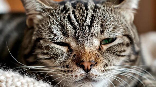 Close-up extreme detail of a tabby cat's face with striking green eyes and whiskers