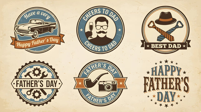 Collection of fathers day badges and labels with retro designs and illustrations