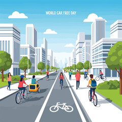 A city street on World Car Free Day with cyclists and pedestrians © Asmiya
