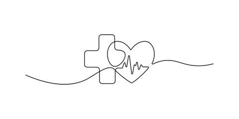 Obraz premium Medical Cross and Heart Beat Pulse Continuous Line Art Vector