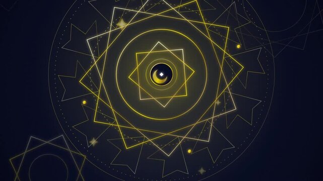 Glowing golden geometric shapes rotating in a circular mandala pattern with a centered crescent moon icon for modern motion graphics