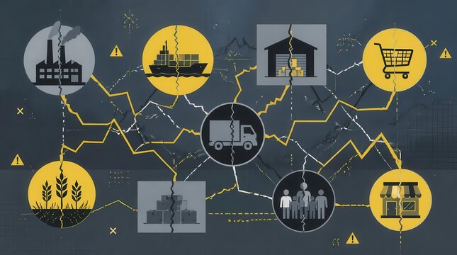 A conceptual illustration showing a fragmented global supply chain with industrial icons connected by erratic zigzagging lines across a dark textured background signifying logistics disruption.