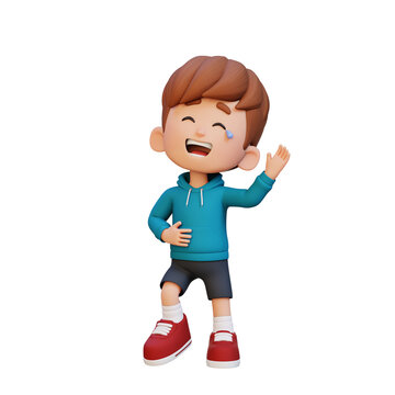 3D Cartoon Boy laughing loudly with open mouth strong happiness and excitement concept.