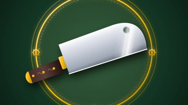 Sharp meat cleaver rotating smoothly in a continuous motion within a golden circular frame for professional culinary video projects