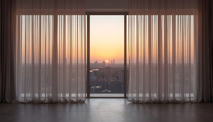 Fototapeta premium Floating Sheer Curtains in Minimalist Penthouse with Sunset Light Gradients