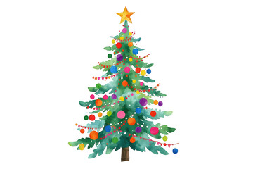 Fototapeta premium Watercolor christmas tree with colorful ornaments and star, celebrating festive winter holidays on a transparent background