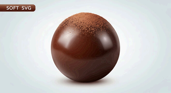The image shows a chocolate truffle on a white surface with cocoa powder on top.