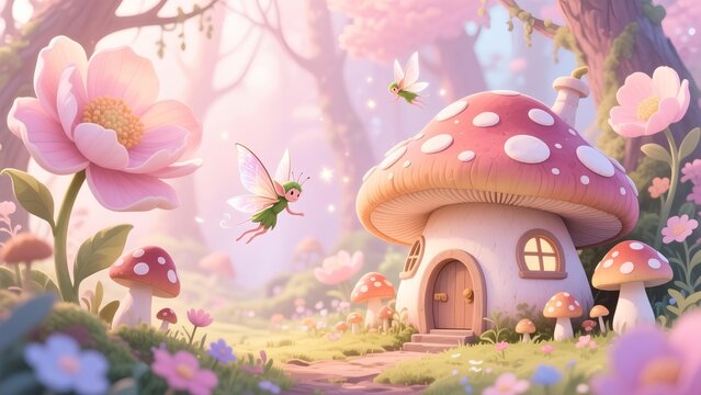 Enchanting fairy village nestled in a whimsical mushroom forest, with tiny fairies flitting among glowing flowers and magical toadstools