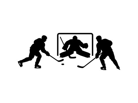 A minimalist black and white silhouette of ice hockey players in action, featuring attackers and a goalkeeper near the net. Ideal for sports graphics and icons.
