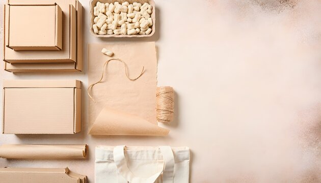 Sustainable retail packaging layout showing empty cardboard boxes brown wrapping paper roll natural twine string and a canvas tote bag on neutral tabletop
