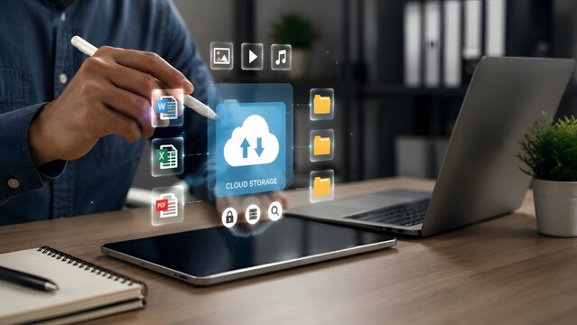 Professional touching virtual cloud storage interface on digital tablet with glowing document synchronization and secure data management icons