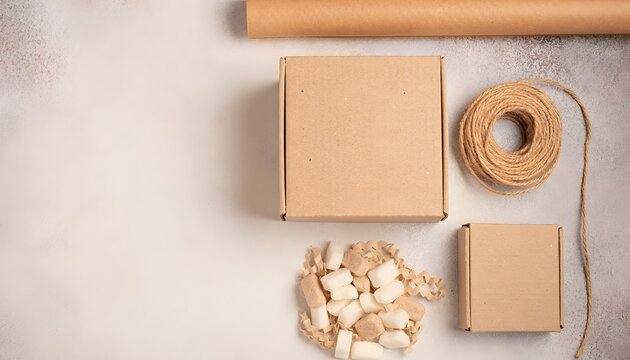 Minimalist overhead flat lay of sustainable mailing supplies showing cardboard box roll of wrapping paper jute twine ball and compostable loose fill