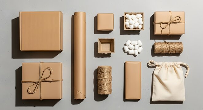 Top down view of eco friendly packaging materials featuring brown cardboard boxes kraft paper roll twine and biodegradable packing peanuts on gray background