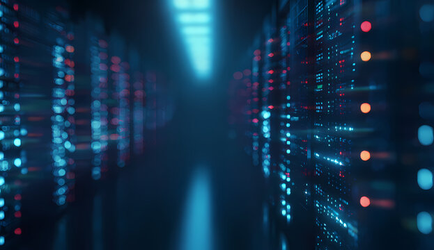 Arri&egrave;re-plan num&eacute;rique abstrait de serveurs informatiques avec des flux de donn&eacute;es lumineux, parfait pour les concepts de cybers&eacute;curit&eacute;, de big data, de cloud computing et comme fond technologique pou