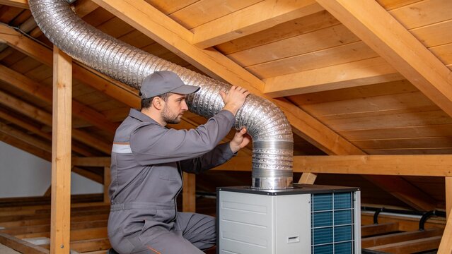 Man installing ductwork in attic
