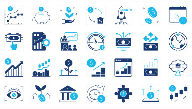 A set of icons related to Investment. Invest, stock, business, growth, time, funding, graph, money, resource, and so on.