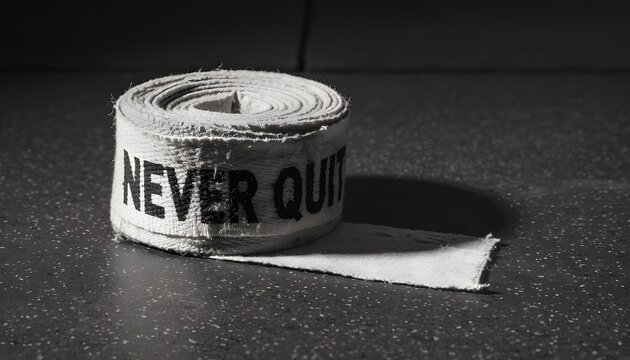 Dramatic black and white photograph of worn boxing hand wrap with never quit text printed on rugged surface representing athletic determination