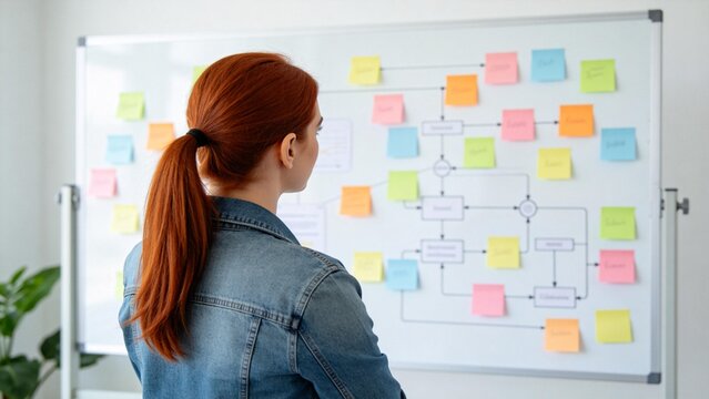 Woman analyzing flowchart on whiteboard