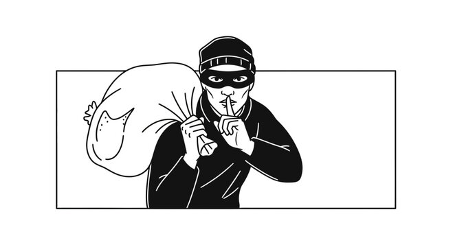 Stealthy thief with sack of loot, making shushing gesture, black and white illustration