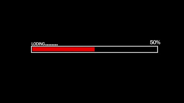 Dynamic red progress loading bar animation featuring percentage counter for digital interface software installation, data transfer, web development, and user experience ui on black background