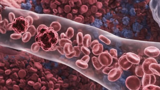 Cinematic microscopic cancer animation showing aggressive tumor growth inside biological environment dense irregular tumor tissue rapidly multiplying cells invading surrounding healthy tissue and spre