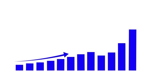 Dynamic blue bar chart animation showing exponential business growth and financial success with rising arrow trend line isolated on a clean white background, for corporate data, presentation projects