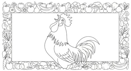 Fototapeta premium Rooster Crowing in a Frame of Fresh Fruits and Vegetables