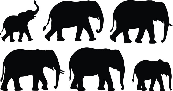 Black Elephant Silhouettes Set in Different Poses Vector Illustration for Wildlife, Safari, and Nature Design