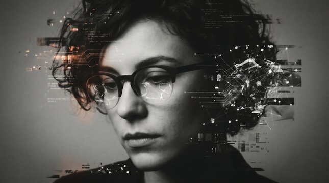 Woman Coder with Neural Network and Data Projection Portrait