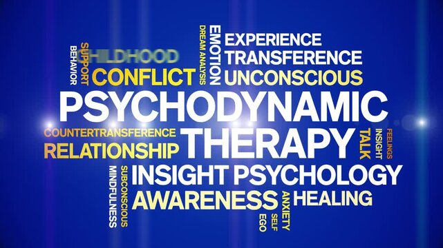 Psychodynamic Therapy animated word cloud-text design animation tag kinetic typography seamless loop.