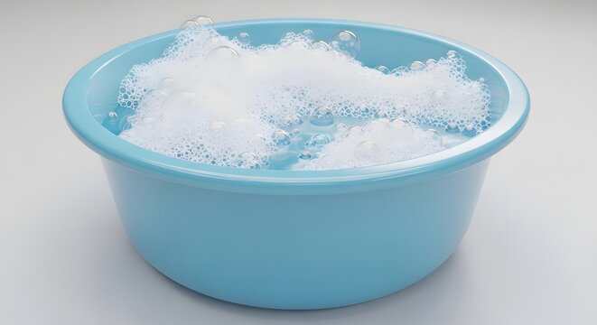 Close-up of a vibrant light blue plastic wash basin brimming with thick, white, bubbly soap suds, symbolizing a fresh and thorough cleaning process