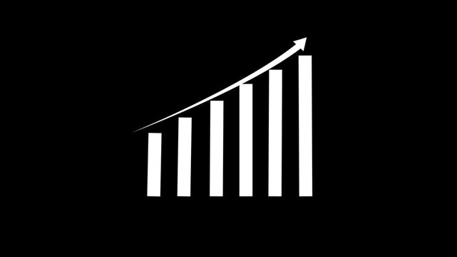 Animated financial bar chart with rising growth arrow overlay on a solid black background, corporate presentations, economic data analysis, business success reports, and marketing