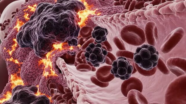 Realistic microscopic medical scene cancer tumor growing aggressively inside human body dark irregular tumor mass pressing against healthy tissue inflamed glowing regions metastatic cells flowing thro
