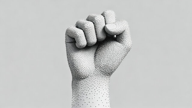 This is a monochrome pointillist 3D render of a raised clenched fist, set against a neutral gray background.