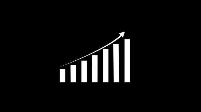 Animated white bar chart graph with rising trend arrow on a clean black background, representing financial growth, business success, data, analysis, market expansion, and positive economic progress