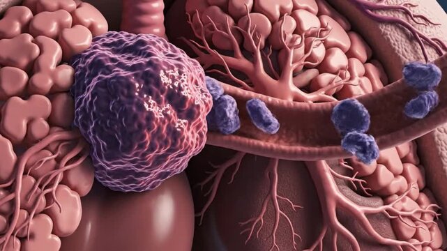 Cinematic 3D medical animation of cancer cells multiplying uncontrollably inside microscopic biological environment tumor mass expanding and invading nearby tissue immune response failing to stop meta