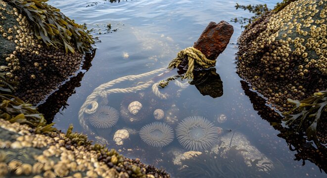 Detailed coastal tide pool photograph filled with sea anemones and small shells surrounded by rough rocks covered in small barnacles backdrop
