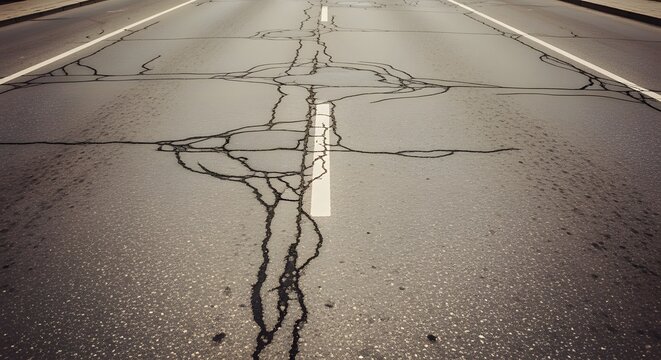 Top-down photograph of an old, damaged asphalt road surface showing dark abstract crack patterns split by faded white dividing lin